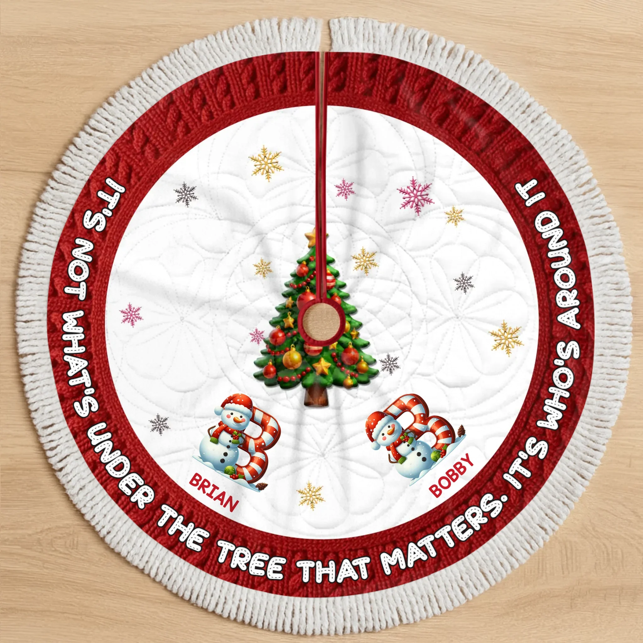 Custom Snowman Tree Skirt - Personalized Christmas Birthday Gifts For Mom, Dad, Brother, Sister, Kids - Hugs Beneath The Tree - Robaser
