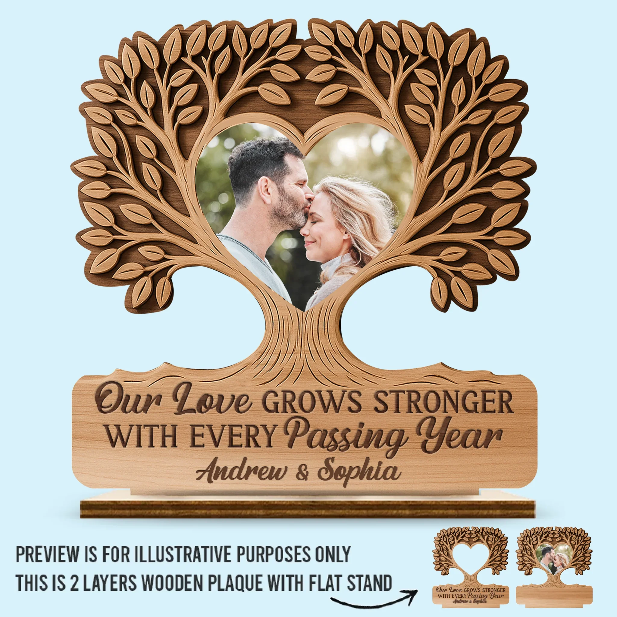 Custom Photo 2-Layered Wooden Plaque - Personalized Anniversary Wedding Gifts For Husband And Wife, Him And Her - Our Love Grows Deeper And Stronger - Robaser