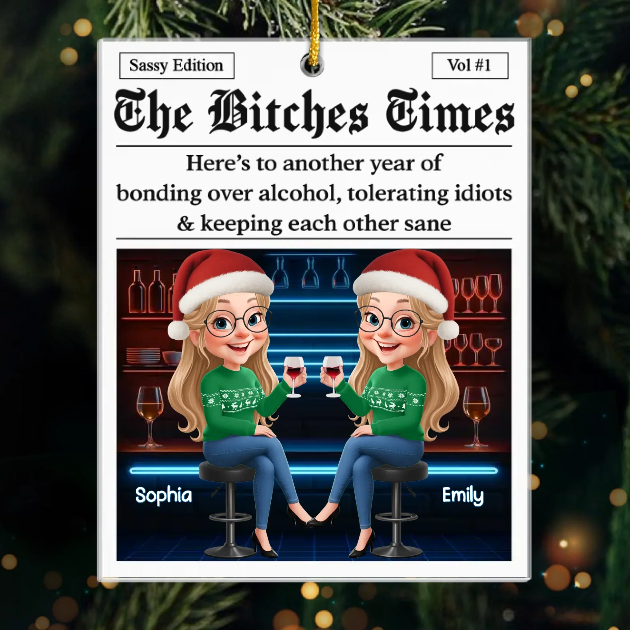 Custom Acrylic Ornament - Personalized Best Friend Christmas Birthday Gifts For Women, Besties, Sisters, BFF - Festive Hearts Forever Friends - Robaser