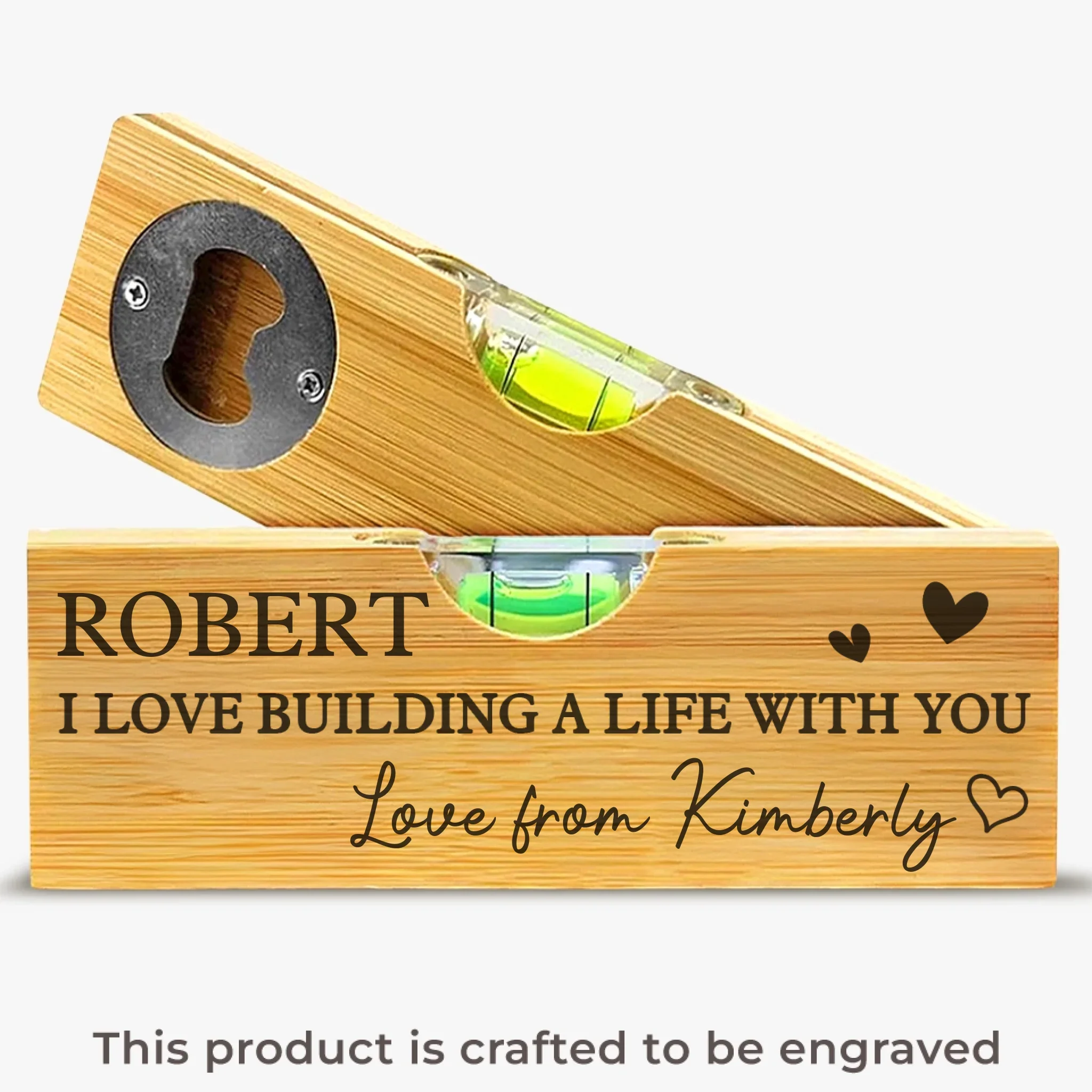Our Love Is Always Level - Couple Personalized Custom Engraved Wooden Bottle Opener With Built-in Spirit Level - Gift For Husband Wife, Anniversary - Robaser