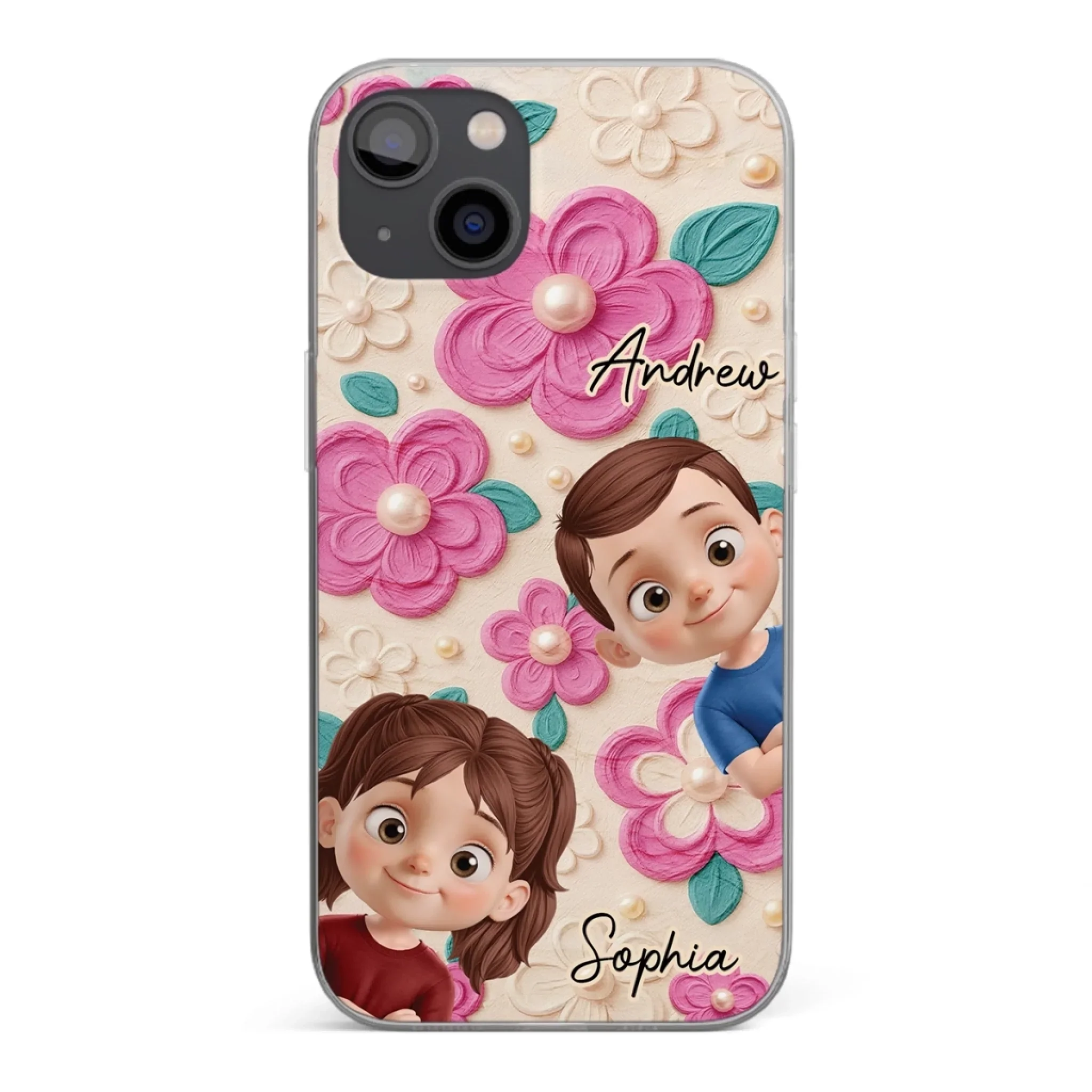 Custom 3D Inflated Effect Printed Clear Phone Case - Personalized Birthday Gifts For Mom, Grandma - Blossoms And Precious Little Faces - Robaser