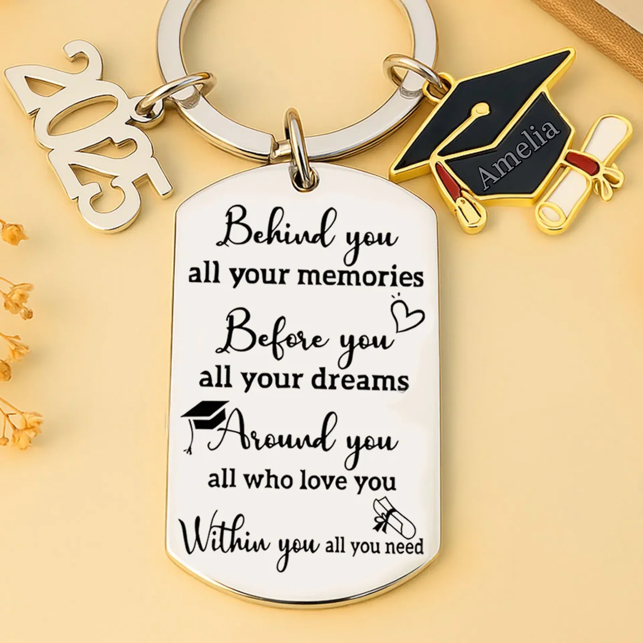 Memories Behind, Dreams Ahead, Love All Around - Family Personalized Custom Engraved Graduation Keychain - Graduation Gift For Family Members, Siblings, Brothers, Sisters - Robaser