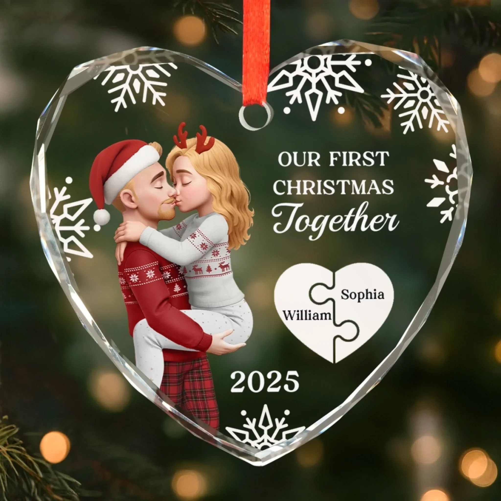 Custom Heart Glass Ornament - Personalized Anniversary Christmas Wedding Gifts For Husband And Wife, Him And Her - Our First Noel As Lovers - Robaser