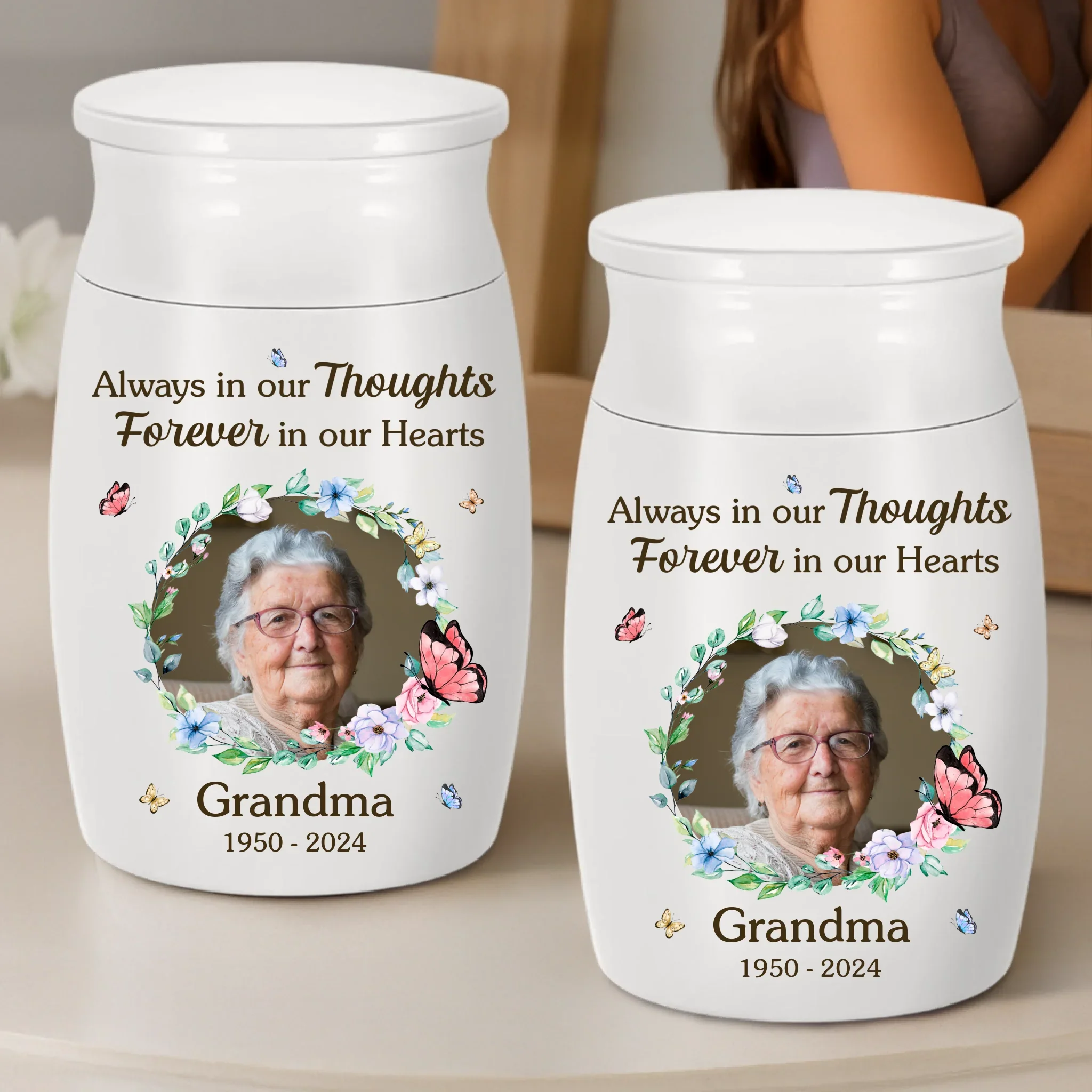 Custom Photo Decorative Urn - Personalized Memorial Sympathy Gifts For Loss Of Mom, Dad - Always In Ours Thoughts - Robaser