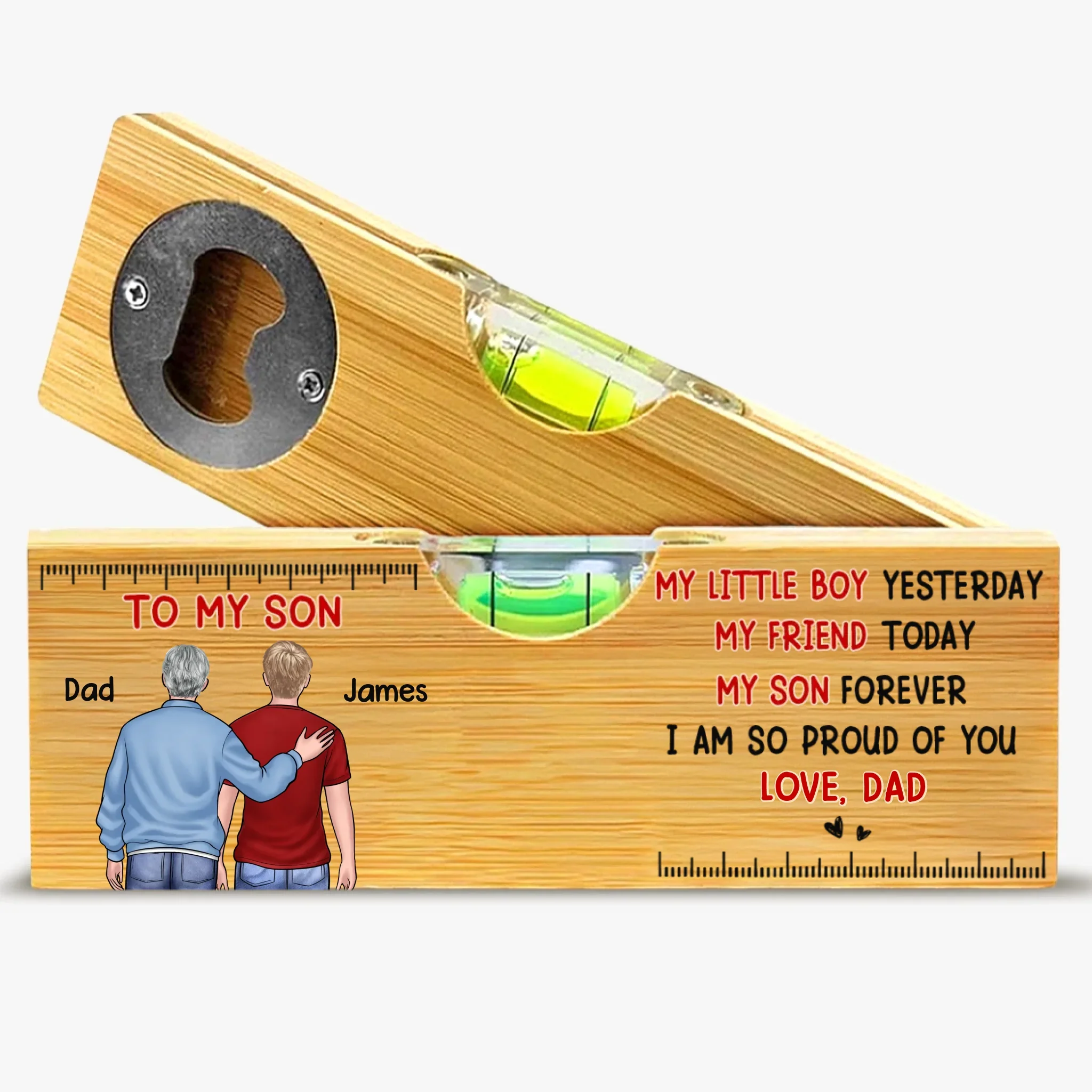 Custom Wooden Bottle Opener With Built-in Spirit Level - Personalized Birthday Gifts For Mom, Dad, Son - My Little Boy - Robaser